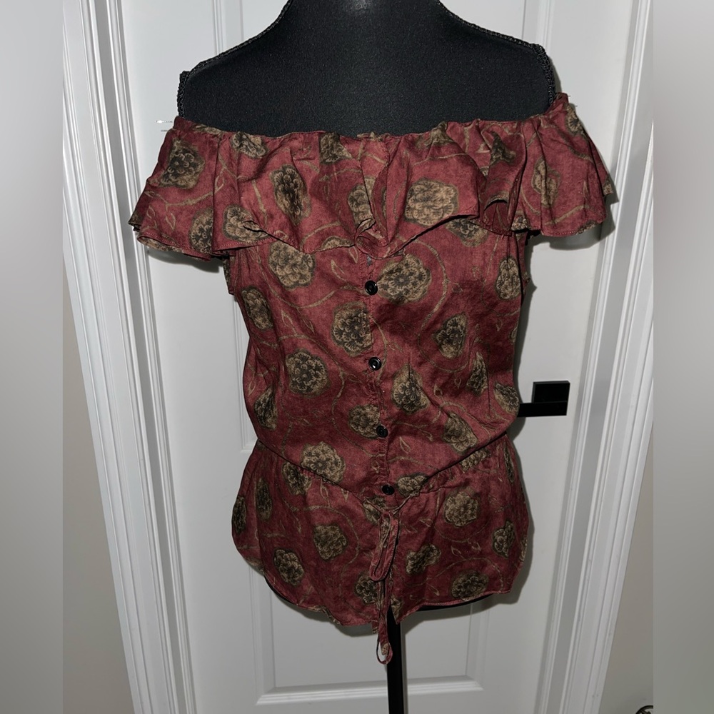 Lauren Ralph Lauren Ruffled Bib Collar Blouse Red Brown off the shoulder Size M